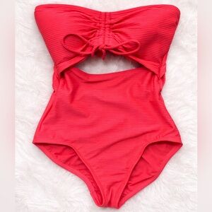 Bright Coral Ribbed Cutout One Piece Swimsuit Strapless Ruched Tie Front